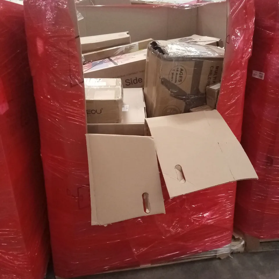 PALLET OF ASSORTED HOUSEHOLD GOODS AND PRODUCTS TO INCLUDE; KIDS BIKES, BOXED FURNITURE ETC