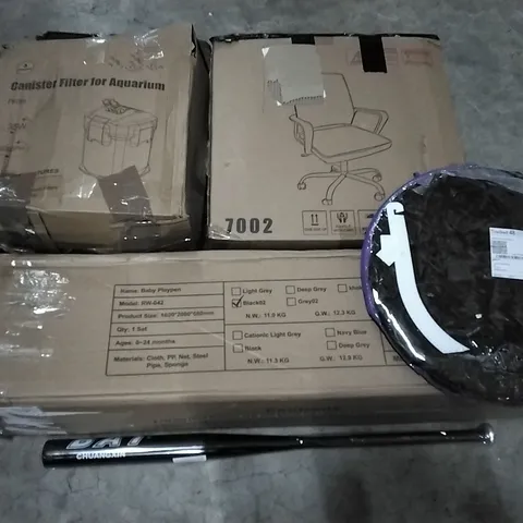PALLET CONTAINING ASSORTED PRODUCTS INCLUDING CANISTER FILTER FOR AQUARIUM, BABY PLAYPEN, OFFICE CHAIR, BED TENT & METAL BASEBALL