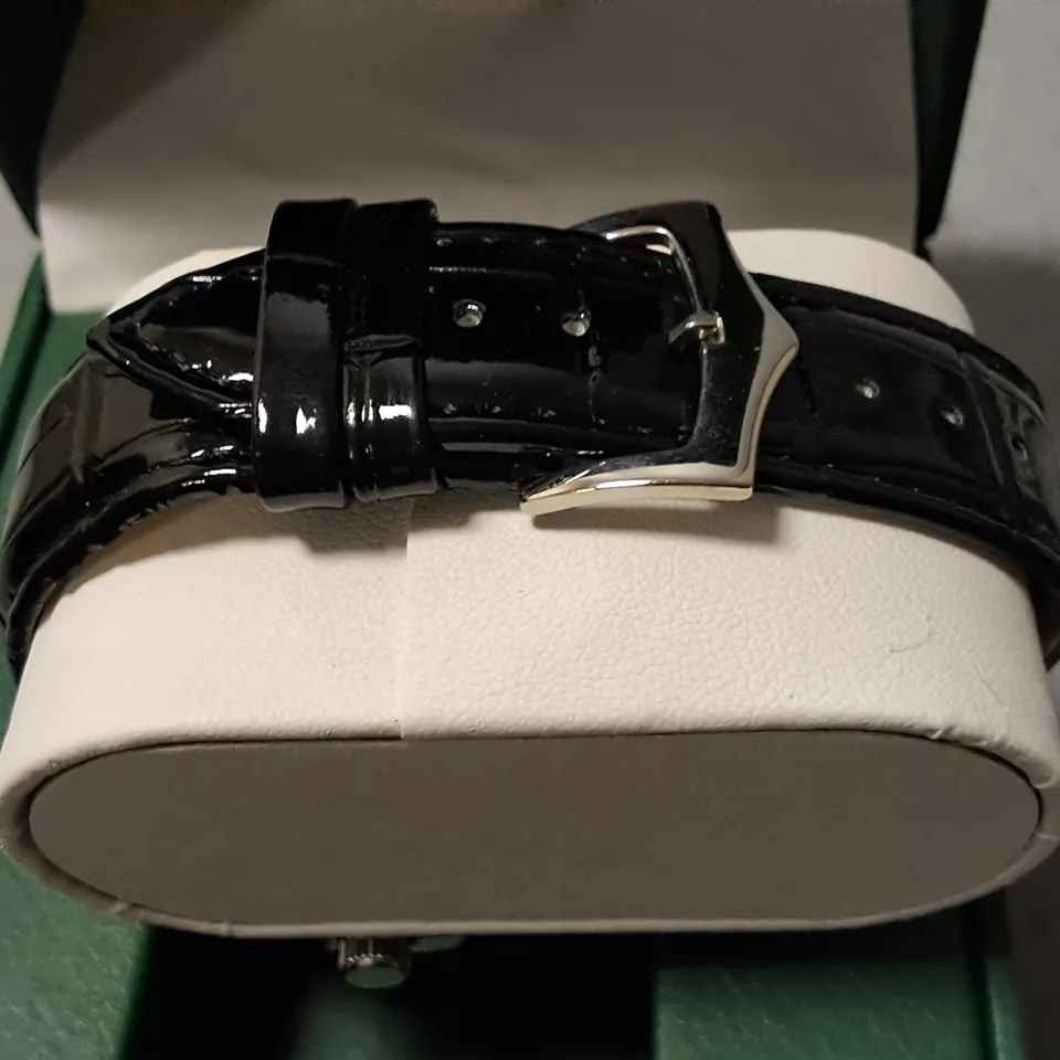 FRANK SCHMIDT STAINLESS STEEL GREEN FACED GENTS WATCH WITH BLACK LEATHER STRAP 