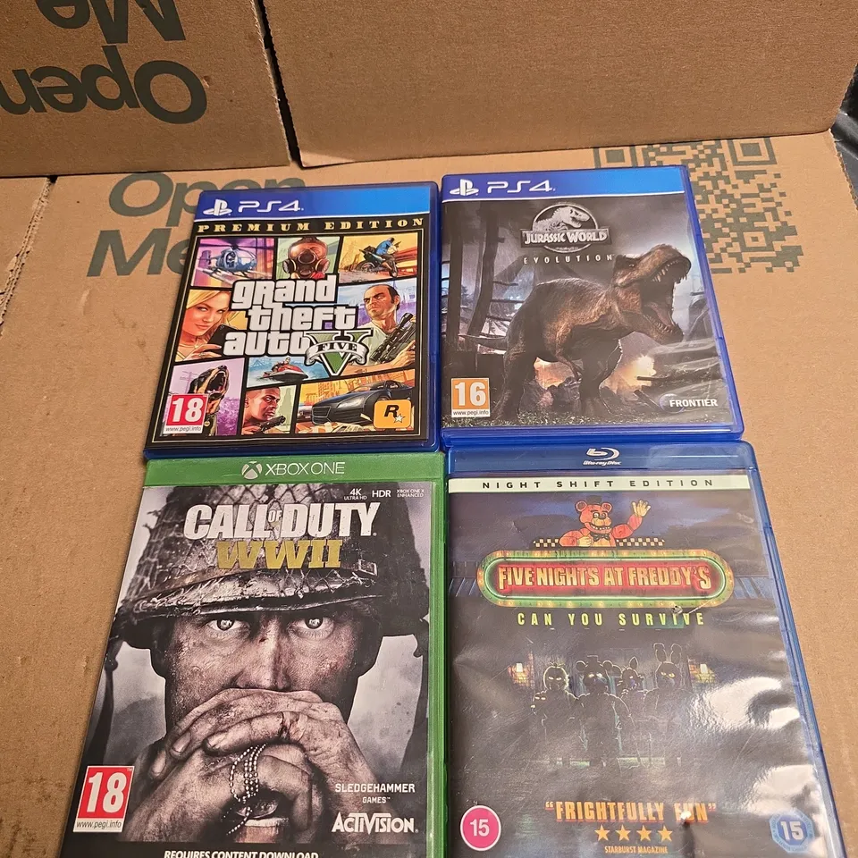 TOTE OF APPROXIMATELY 15 ASSORTED VIDEO GAMES/BLU RAYS ITEMS TO INCLUDE JURASSIC WORLD EVOLUTION PS4, FIVE NGHT AT FREDDY'S NIGHT SHIFT EDITION BLU RAY, CALL OF DUTY WW2 XBOX ONE ETC