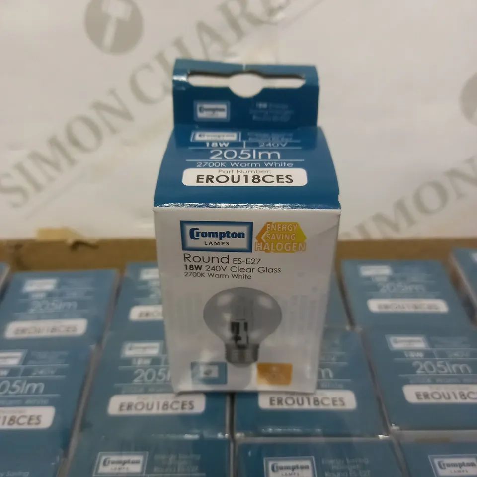 LOT TO CONTAIN 96 CROMPTON ROUND ES-E27 18W 240V CLEAR GLASS 2700K WARM WHITE LIGHT BULBS