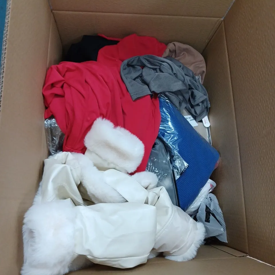 LARGE BOX OF ASSORTED CLOTHING ITEMS IN VARIOUS COLOURS AND SIZES INCLUDING TROUSERS , TOPS AND JUMPERS 