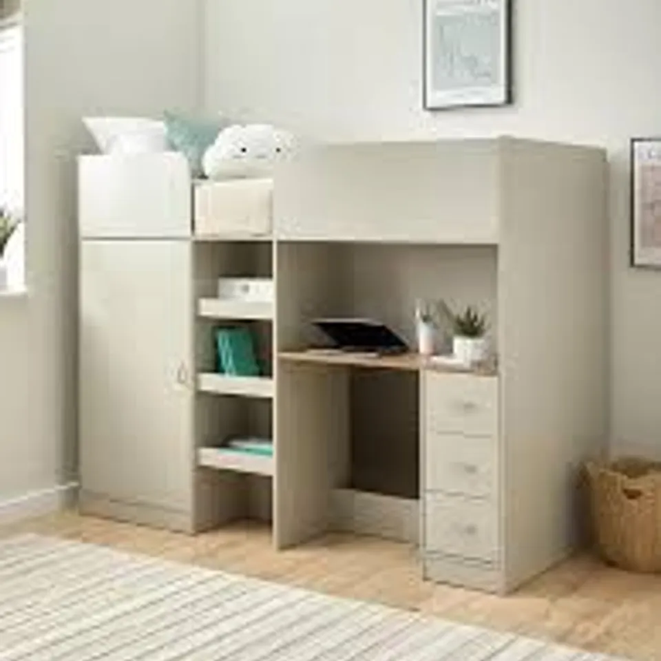 BOXED DAISY HIGH SLEEPER BED WITH DRAWERS, DESK AND WARDROBE (3 BOXES)