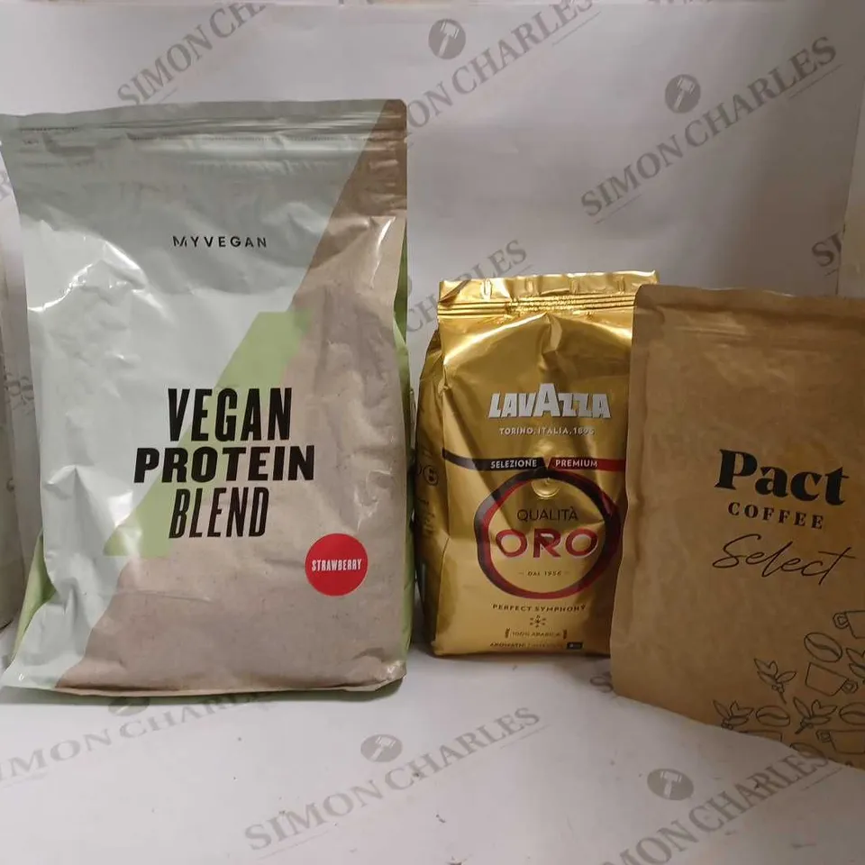 LOT OF 3 ITEMS TO INCLUDE PACT COFFEE LIGHT ROASTED COFFEE (250G), LAVAZZA QUALITA ORO COFFEE BEANS (1KG), MYVEGAN VEGAN PROTEIN BLEND (STRAWBERRY - 2,5KG)