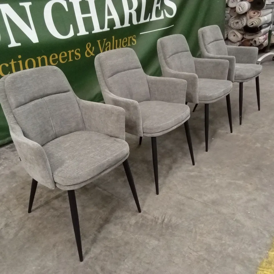SET OF 4 QUALITY DESIGNER GREY FABRIC DINING CHAIRS WITH BLACK METAL LEGS