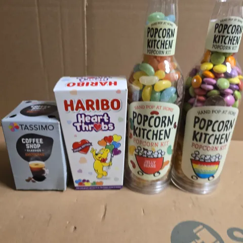 APPROXIMATELY 10 ASSORTED FOOD ITEMS TO INCLUDE - TASSIMO PODS, HARIBO'S AND POPCORN KITCHEN