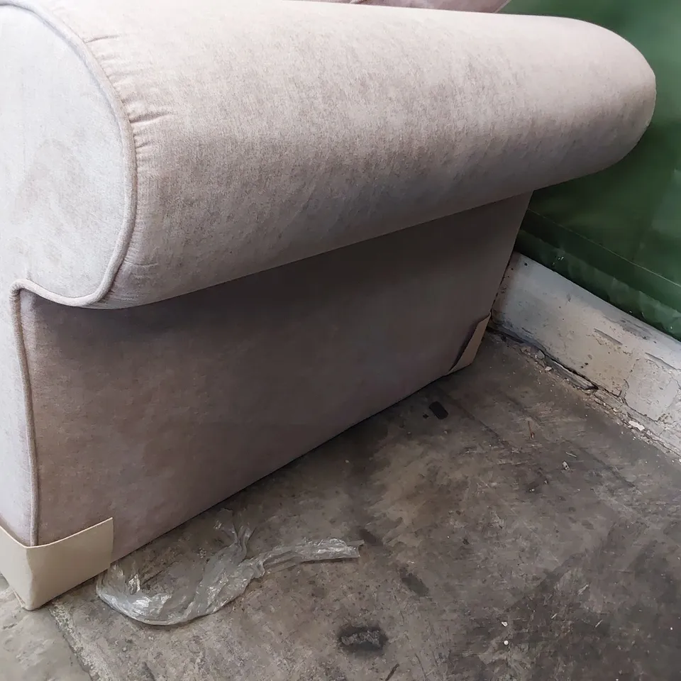 DESIGNER THREE SEATER SCROLL ARM SOFA ROSE PINK FABRIC 