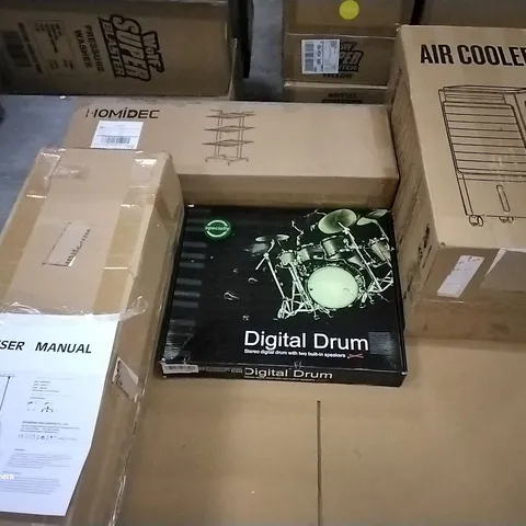 PALLET OF ASSORTED ITEMS TO INCLUDE AN SUF COOLER , DIGITAL DRUMS, PENDANT LIGHT , DRYING RACK