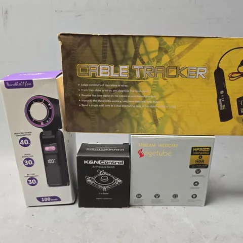 APPROXIMATELY 8 ASSORTED ITEMS TO INCLUDE -HANDHELD FAN , CABLE TRACKER , STREAM WEBCAM ETC