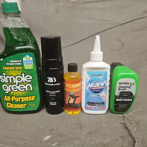 APPROX 10 ASSORTED ITEMS TO INCLUDE - SIMPLE GREEN ALL-PURPOSE CLEANER; BOOT BUDDY SHOE CLEANER; TREADMILL LUBRICATING OIL; MOULD & MILDEW STAIN REMOVER; OIL FILM CLEANING BRUSH