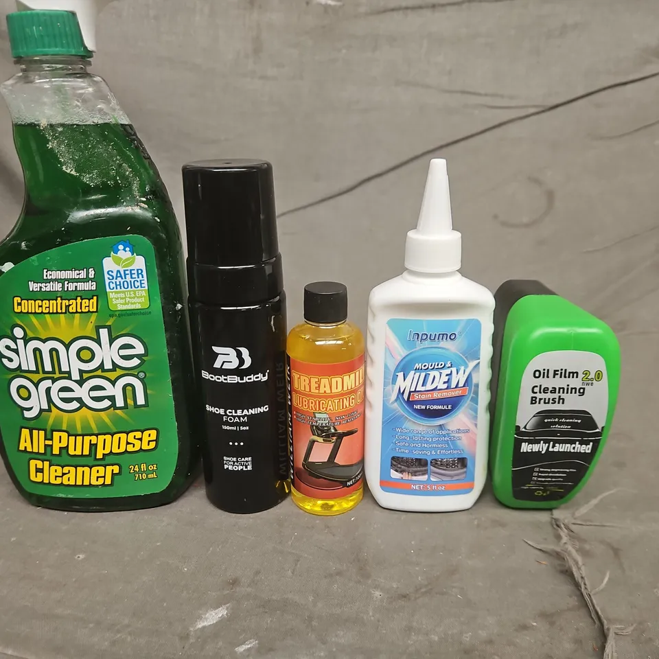 APPROX 10 ASSORTED ITEMS TO INCLUDE - SIMPLE GREEN ALL-PURPOSE CLEANER; BOOT BUDDY SHOE CLEANER; TREADMILL LUBRICATING OIL; MOULD & MILDEW STAIN REMOVER; OIL FILM CLEANING BRUSH