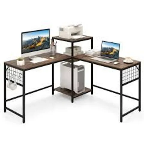 BOXED COSTWAY 240 CM LONG CONVERTIBLE 2-PERSON DESK WITH PRINTER STAND AND ADJUSTABLE SHELF-RUSTIC BROWN
