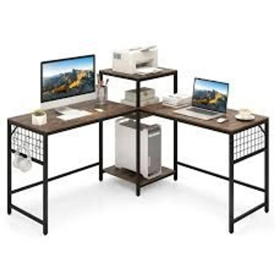 BOXED COSTWAY 240 CM LONG CONVERTIBLE 2-PERSON DESK WITH PRINTER STAND AND ADJUSTABLE SHELF-RUSTIC BROWN
