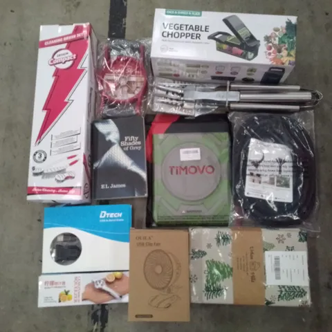 PALLET OF 2 BOXES CONTAINING ASSORTED ITEMS INCLUDING VEGETABLE CHOPPER, CLEANING BRUSH SET, USB CLIP FAN, CABLE SPLITTING SLEEVE, FIFTY SHADES OF GREY BOOK, TABLET CASE