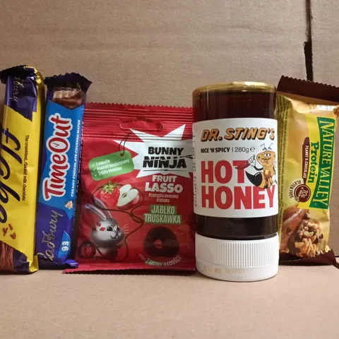 APPROXIMATELY 10 ASSORTED FOOD AND DRINK ITEMS TO INCLUDE HOT HONEY, FRUIT LASSO, TIME OUT, ETC