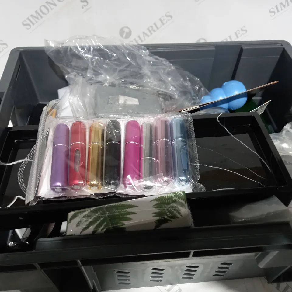 BOX OF ITEMS APPROXIMATELY 15 TO INCLUDE FISHING TACKLE, PUPPY TEETHING TOY, PERFUME ATOMIZER BOTTLE