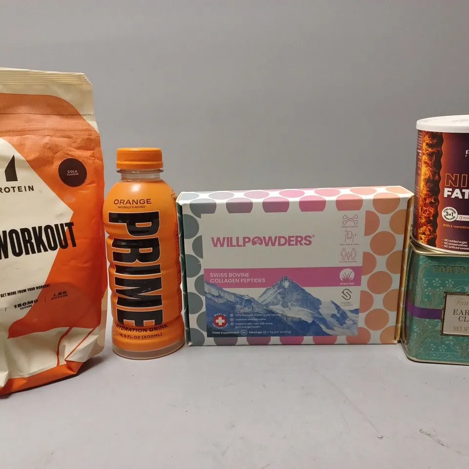 BOX OF APPROX 8 ASSORTED FOOD & DRING ITEMS TO INCLUDE - PRIME ORANGE - PRIME ORANGE - WILLPOWEDERS COLLOAGEN PEPTIDES ECT