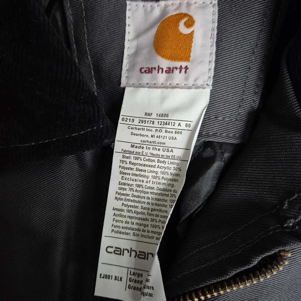CARHARTT EJ001 BLK JACKET – GREY/CHARCOAL WITH BLACK CORDUROY COLLAR, SIZE LARGE