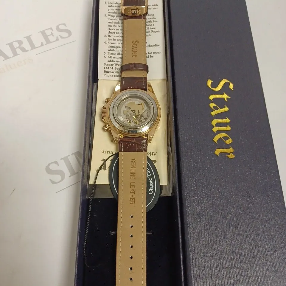BOXED STAUER GENTS SPEEDWAY AUTOMATIC WATCH GENUINE LEATHER - BROWN & GOLD