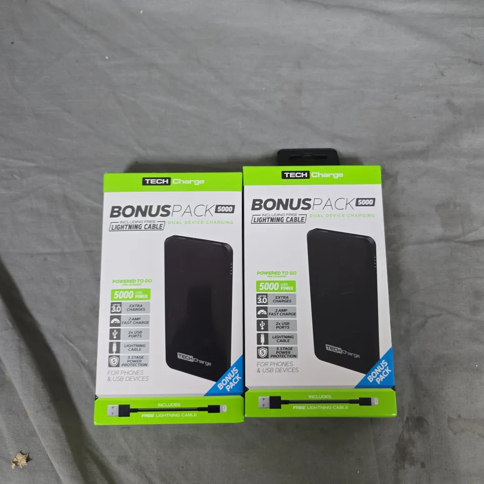 TECHCHARGE BONUS PACK 5000MAH POWER BANK TWIN PACK WITH LIGHTNING CABLE