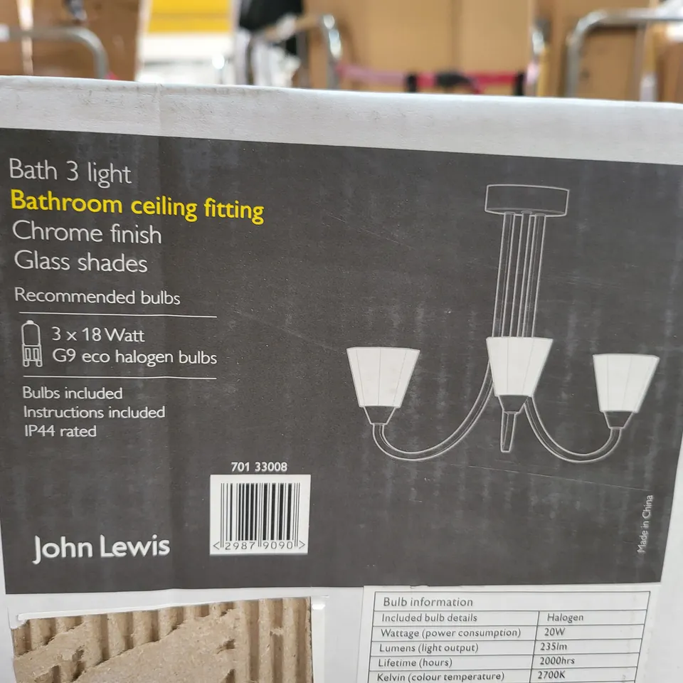 JOHN LEWIS 3 LIGHT BATHROOM CEILING FITTING - CHROME FINISH/GLASS SHADES 