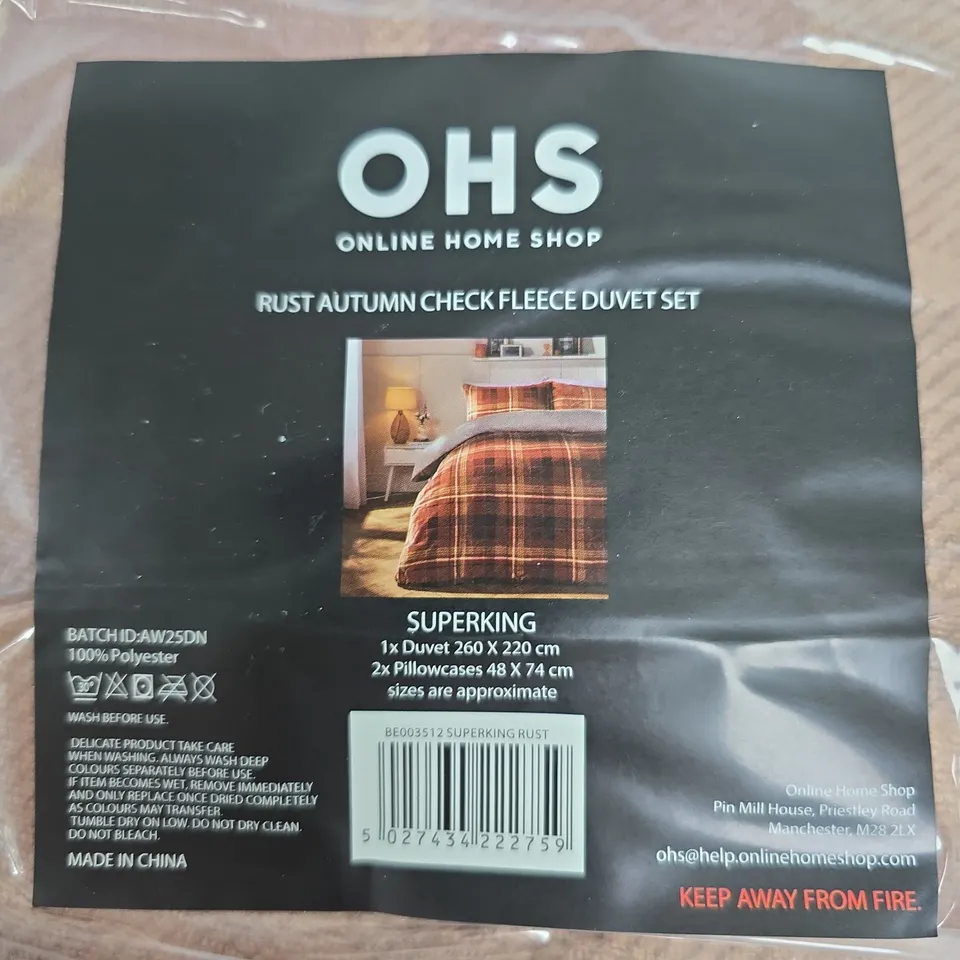OHS RUST AUTUMN CHECK FLEECE DUVET SET – SUPERKING (260 X 220 CM) WITH 2 PILLOWCASES