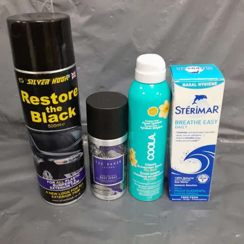 APPROXIMATELY 12 ASSORTED AEROSOLS TO INCLUDE TED BAKER BODY SPRAY , CAR SPRAY PAINT , CURL ACTIVATING MOOSE ETC.