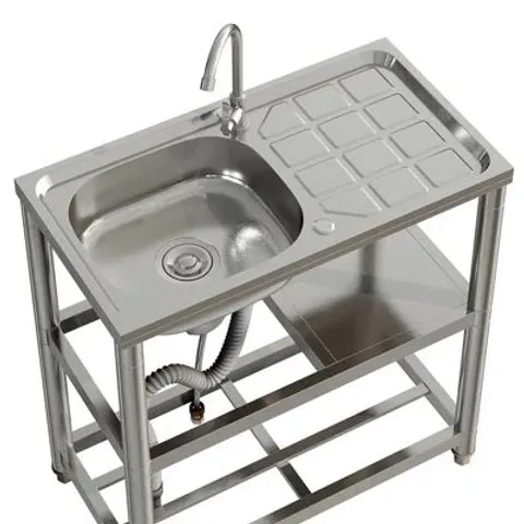 BOXED STAINLESS STEEL ONE COMPARTMENT SINK WITH SHELVES AND DRAINBOARD (1 BOX)