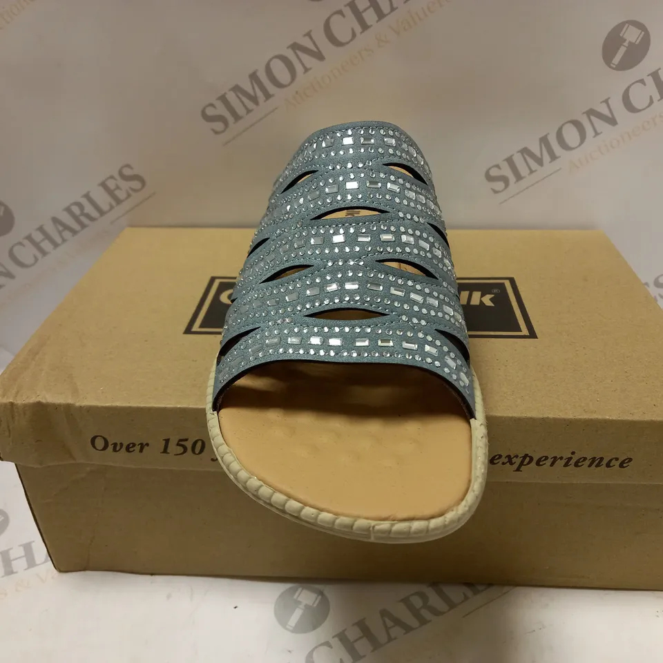 BOXED PAIR OF CUSHION WALK DIAMANTE MULES, BLUE - SIZE 7