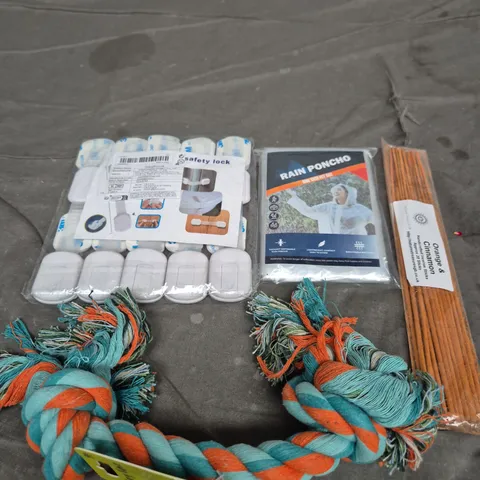 APPROXIMATELY 15 ASSORTED HOUSEHOLD ITEMS TO INCLUDE DOG ROPE TOY, INCENSE STICKS AND RAIN PONCHO