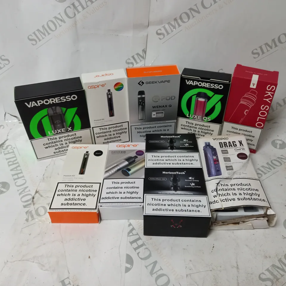 BOX OF APPROXIMATELY 10 ASSORTED E-CIG PRODUCTS TO INCLUDE VAPORESSO, ASPIRE, VOOPOO 