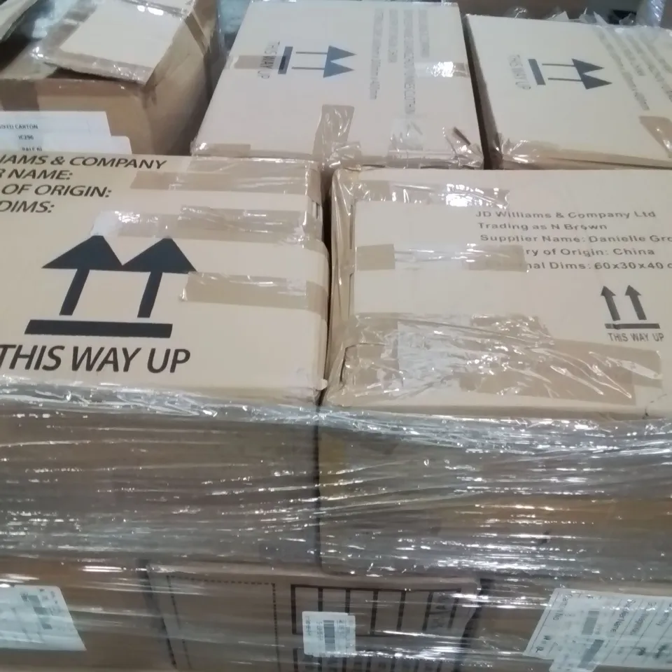 PALLET OF BRAND NEW WOMENS QUALITY DESIGNER CLOTHES APPROXIMATELY 100  TO INCLUDE; TOPS, SKIRTS, PYJAMAS ,SANDALS ETC