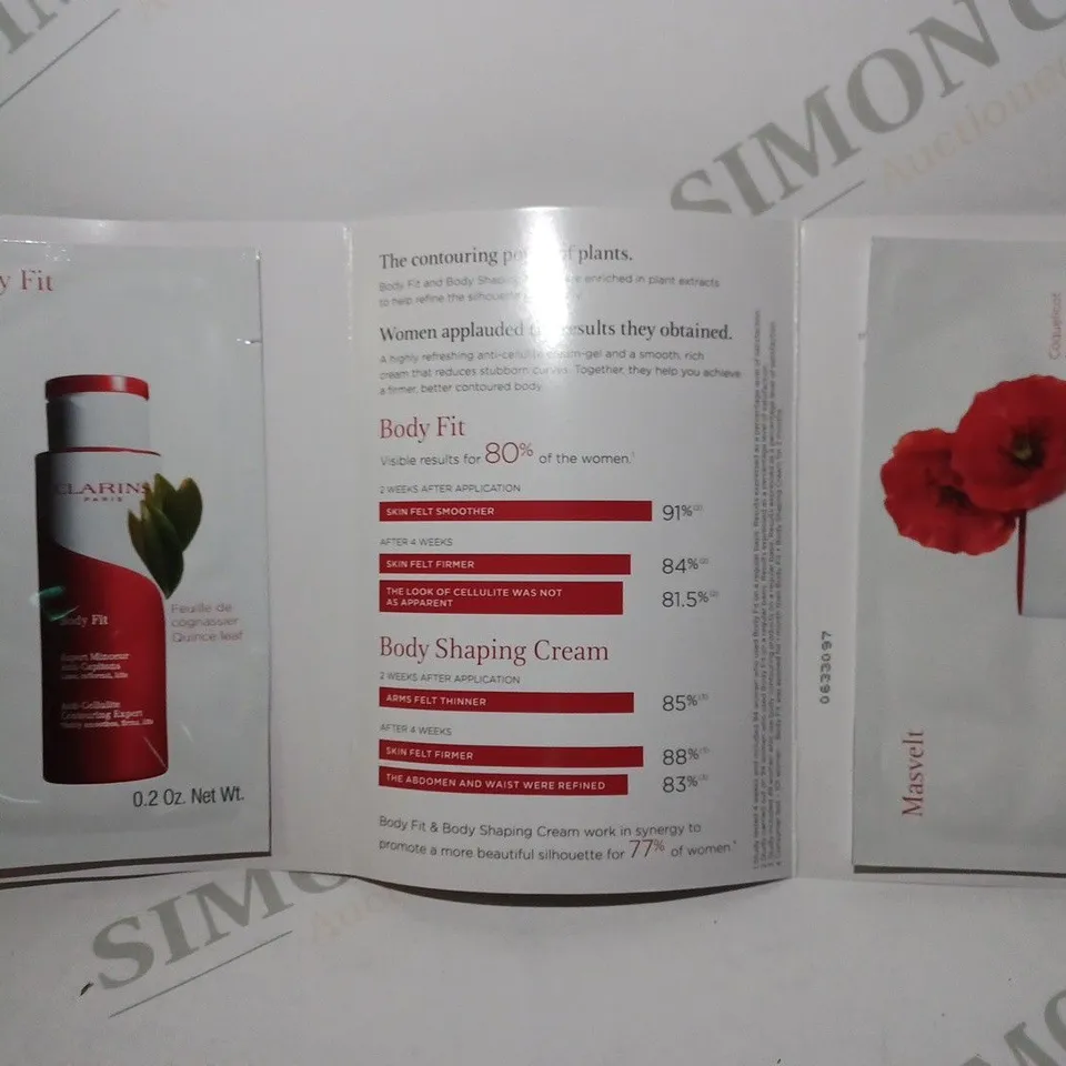 LOT OF APPROX 20 X (2 X 8ML) CLARINS BODY FIT ANTI-CELLULITE CONTOURING EXPERT & BODY SHAPING CREAM SAMPLES