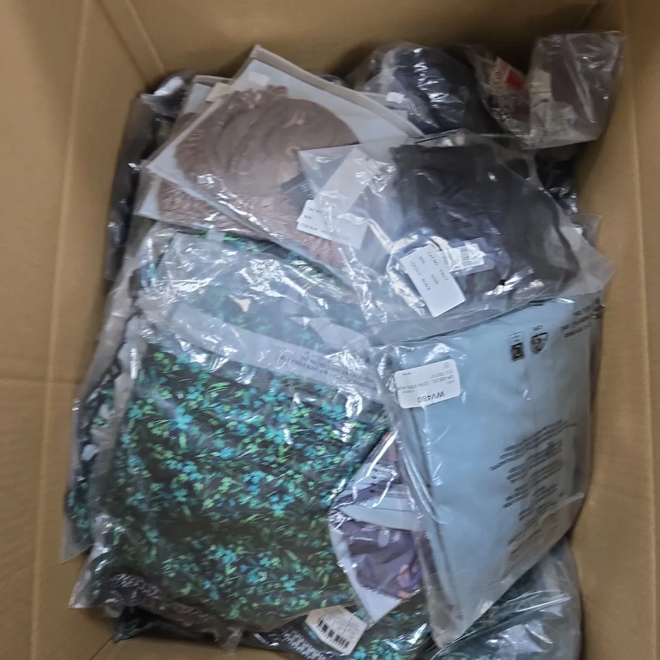 LARGE BOX OF APPROX 20 ASSORTED CLOTHING ITEMS IN VARIOUS STYLES, SIZES AND COLORS - COLLECTION ONLY