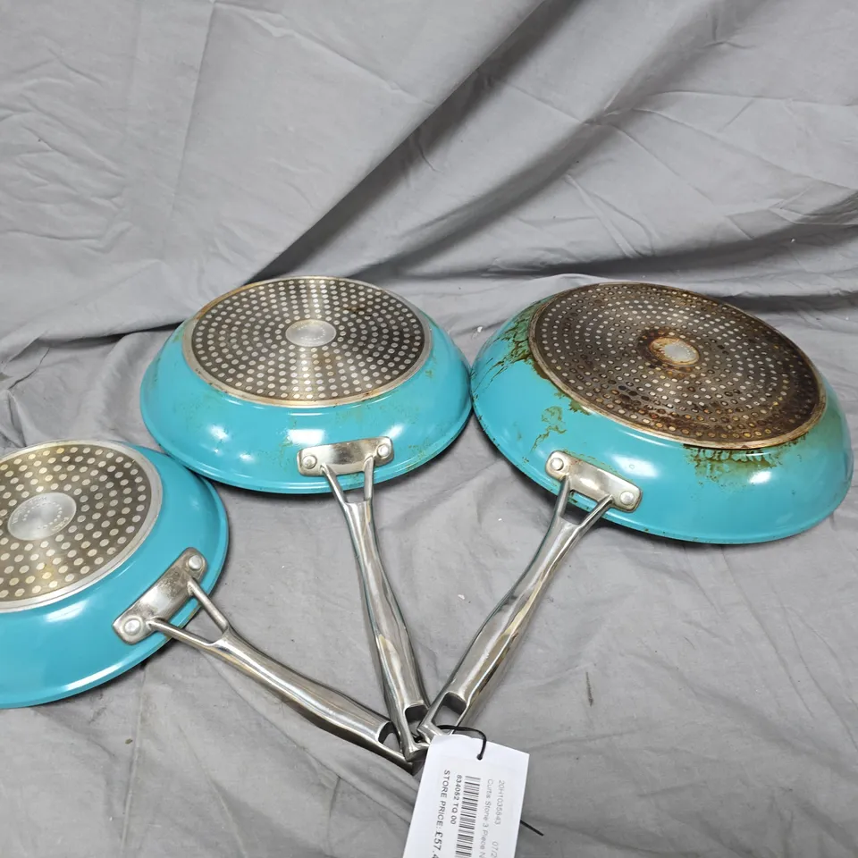 SET OF 3 TURQUOISE ENAMEL NON-STICK FRYING PANS 