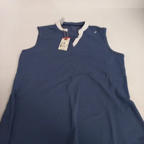 DECATHLON WOMEN'S SLEEVELESS BLUE POLO TOP WITH WHITE COLLAR – UK 14