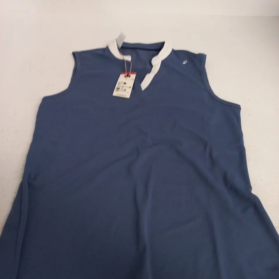 DECATHLON WOMEN'S SLEEVELESS BLUE POLO TOP WITH WHITE COLLAR – UK 14