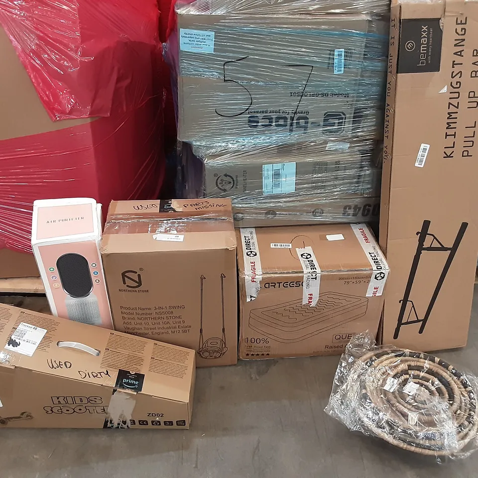 PALLET OF ASSORTED PRODUCTS TO INCLUDE AIR PURIFIER, BEMAXX PULL UP BAR, NORTHEN STONE 3 IN 1 SWING, KIDS SCOOTER, ARTEESOL QUEEN RAISED AIR BED, GETFIT PREMIUM AIR BED