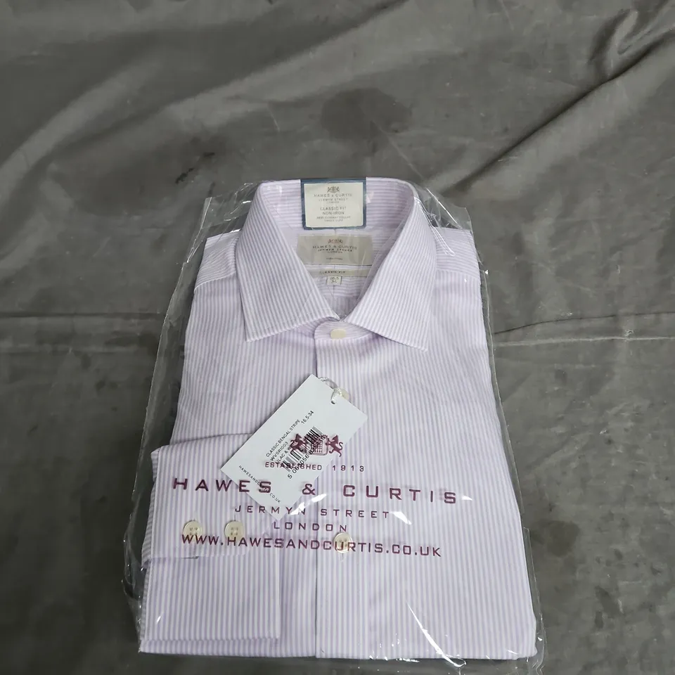 HAWES & CURTIS CLASSIC FIT NON-IRON SEMI CUTAWAY COLLAR SINGLE CUFF SHIRT IN LILAC & WHITE SIZE 16.5/34