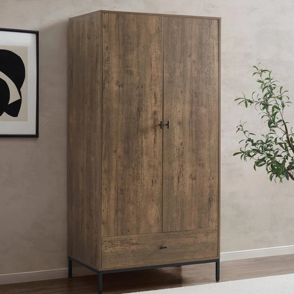 BOXED DUSK WILLOW 2 DOOR WARDROBE WITH DRAWER - MANGO WOOD (1 BOX)
