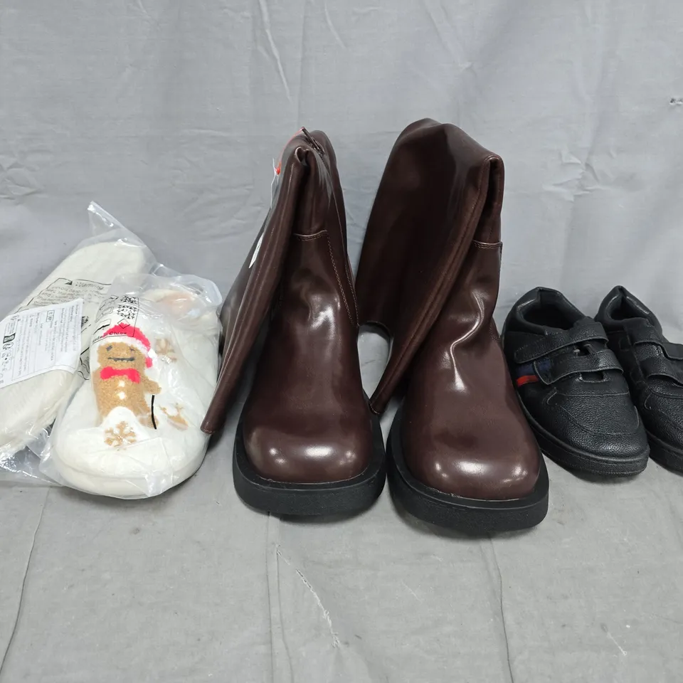 BOX OF APPROXIMATELY 15 ASSORTED PAIRS OF SHOES AND FOOTWEAR ITEMS IN VARIOUS COLOURS, STYLES, AND SIZES - COLLECTION ONLY