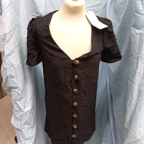 SÉZANE BLACK PUFF-SLEEVE TOP WITH FRONT BUTTON PLACKET – UK 6 (EU 34)