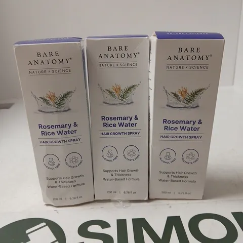 3 X 200ML BARE ANATOMY ROSEMARY & RICE WATER HAIR GROWTH SPRAY 