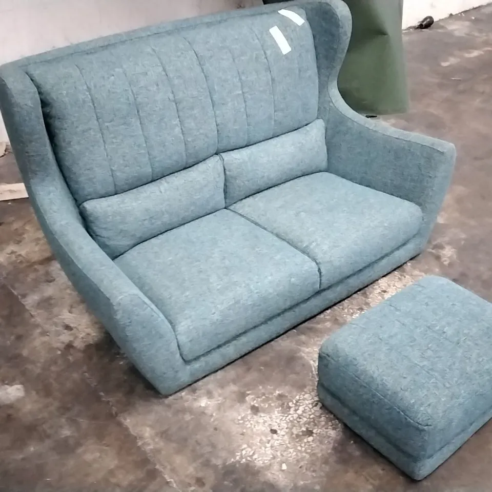 QUALITY DESIGNER REBECCA SMALL SOFA IN PIERO EDGEROW WITH LIGHTWOOD AND FOOTSTOOL