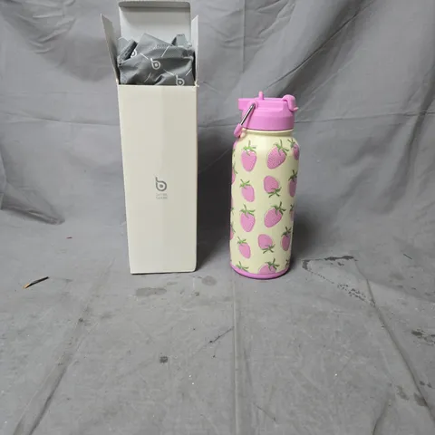 STRAWBERRY PRINT INSULATED WATER BOTTLE WITH PINK LID