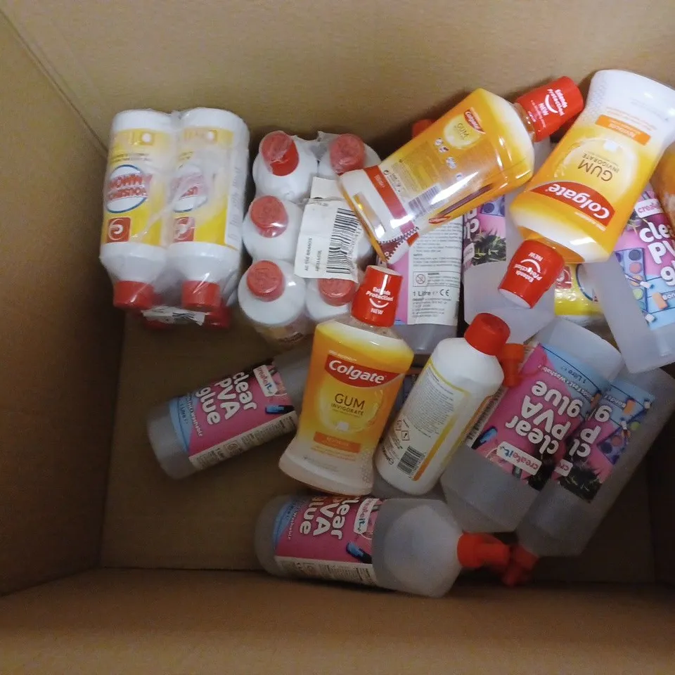 LARGE BOX OF ASSORTED CLEAR PVA GLUE AND COLGATE MOUTHWASH 