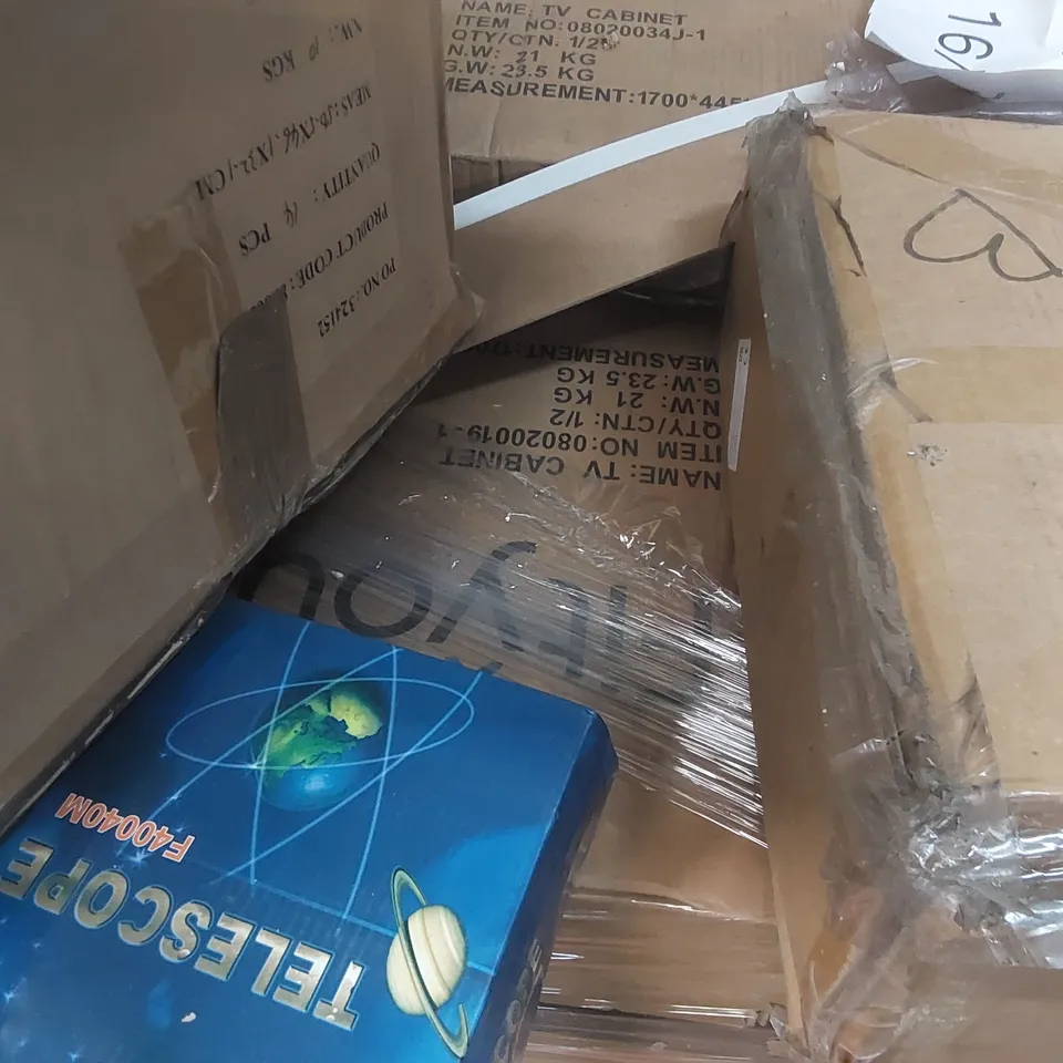 PALLET CONTAINING A LARGE QUANTITY OF FITYOU TV CABINET PARTS AND OTHER ASSORTED ITEMS INCLUDING TABLET CASES, TELESCOPE ECT