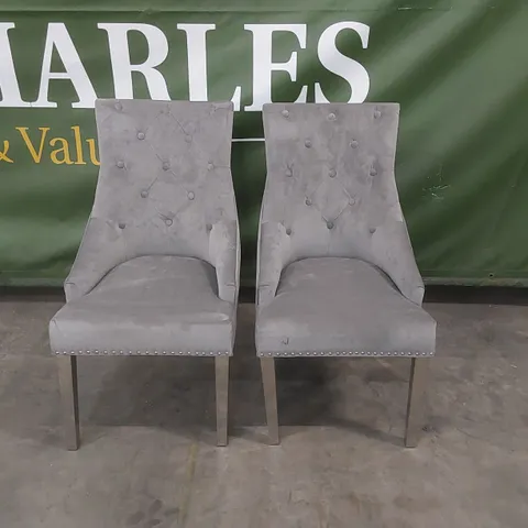 SET OF 2 IMPERIAL GREY VELVET BUTTON BACK DINING CHAIRS WITH CHROME LEGS 
