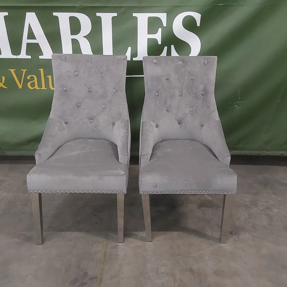 SET OF 2 IMPERIAL GREY VELVET BUTTON BACK DINING CHAIRS WITH CHROME LEGS 