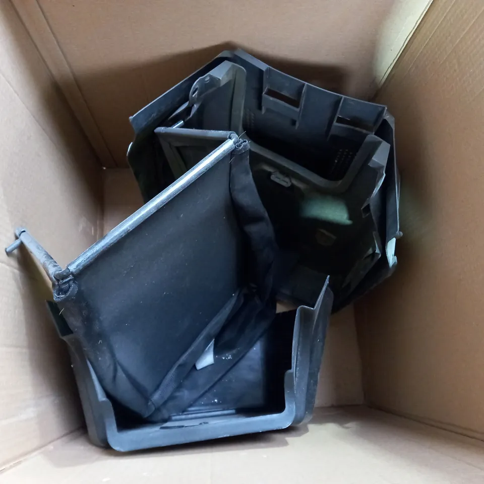 BOX OF ASSORTED GARDEN TOOL PARTS TO INCLUDE LAWNMOWER GRASS COLLECTOR PARTS, DESIGNER GARDEN BLOWER PART, RYOBI LAWNMOWER GRASS COLLECTOR ETC
